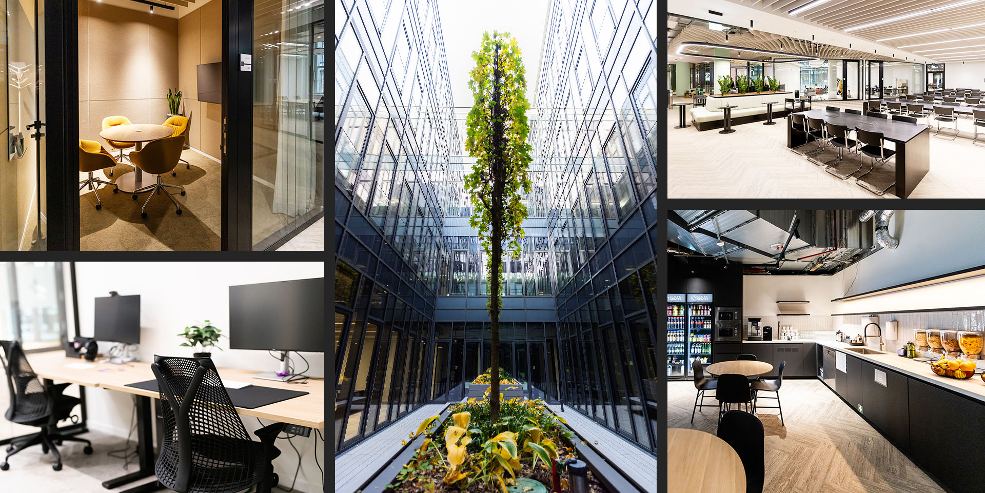 Bildergalerie mit verschiedenen Eindrücken der flexiblen Büros von Scaling Spaces im NEO